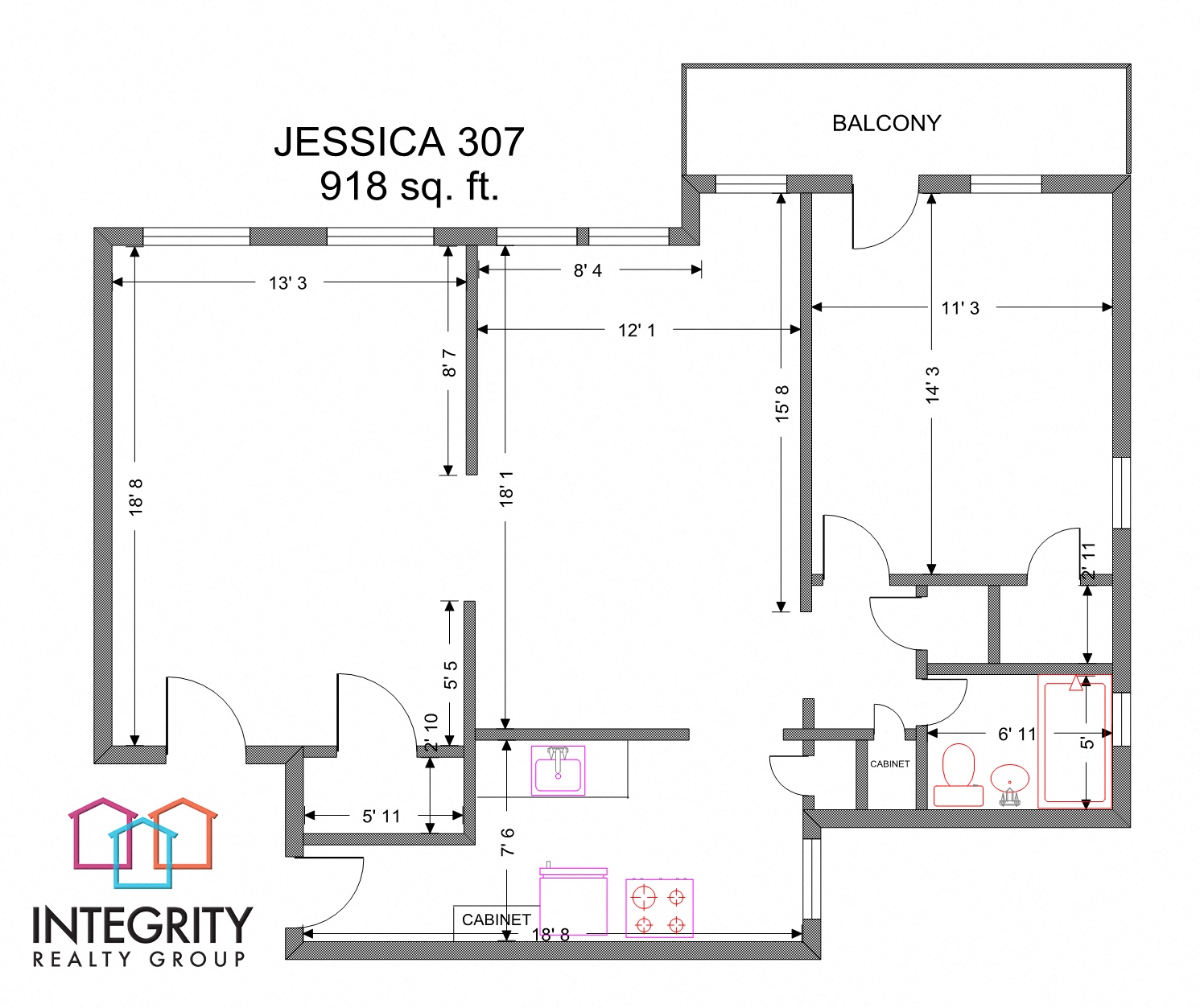 Floor plan layout diagram for Jessica 1 Bedroom 1 Bath F